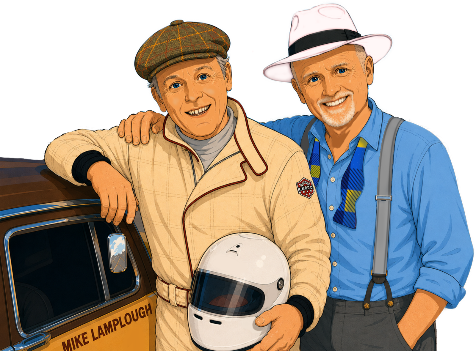 Illustration of Mike in racing overalls standing beside Richard